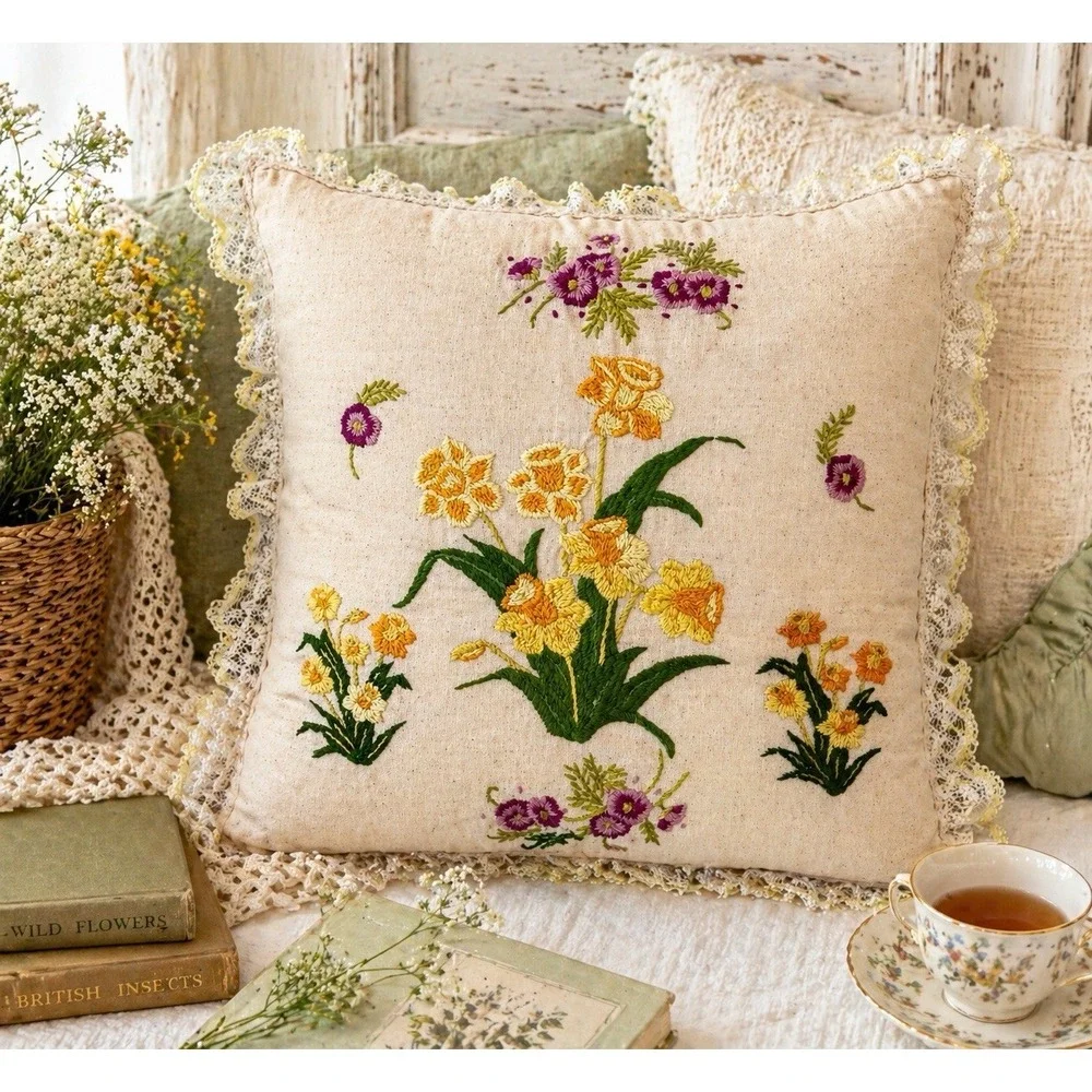 Vintage‎ Crewel Embroidered Floral Throw Pillow Lace Cottagecore